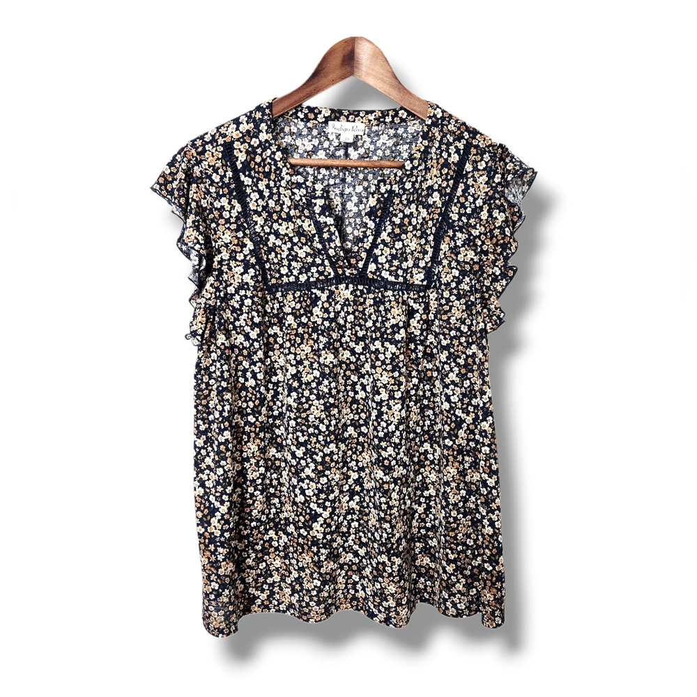 Indigo Rose Floral Print Ruffled Cap Sleeve Pullover Blouse | 2X